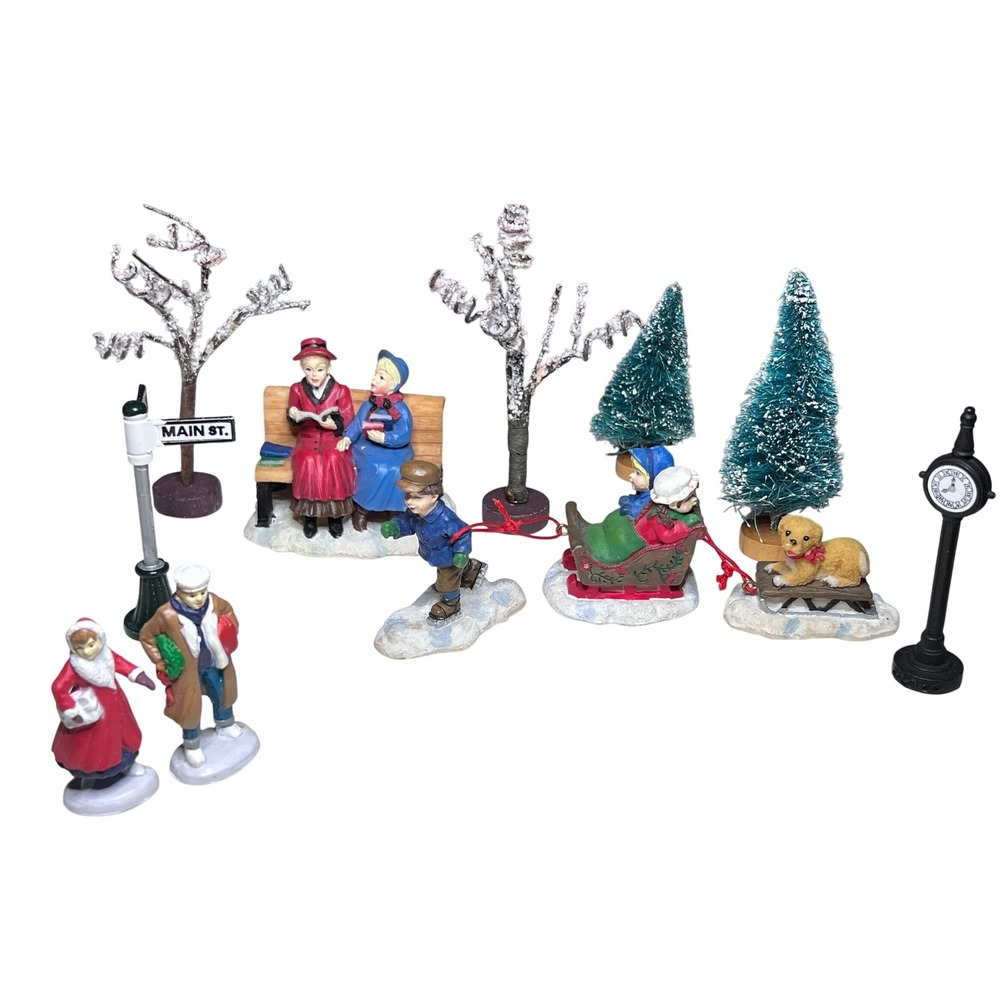 Vtg Christmas Village Figurines Kids Winter Sledding Bench Trees Signs Imperfect